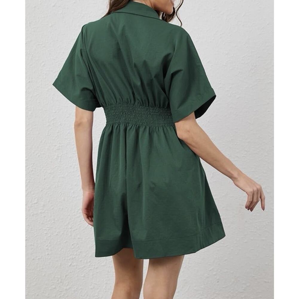 Senllen Womens XL Green Shirt Dress Button Short Sleeve Pockets Pleats Tobie - Picture 3 of 5
